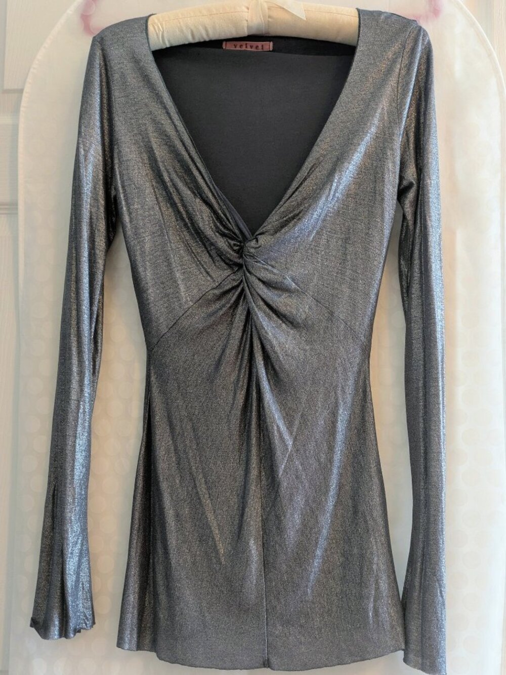 Velvet Made in USA Micromodal Draped V-Neck Long Sleeve Top Silver Gray  SMALL